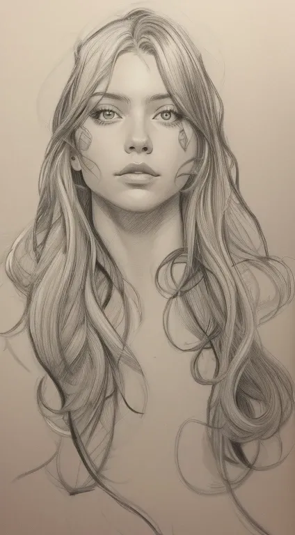 um desenho de uma mulher com cabelos longos e piercings, desenho desbotado, contorno sketch, sem sombreamento, detalhado, but rough, inspirado em Martine Johanna, desenho simples, matte sketch, a pencil drawing, detalhado - rosto!!, head and waist portrait...