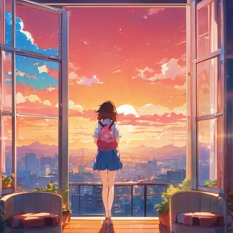 anime girl looking out of window at sunset, watching the sun set. anime, beautiful anime scene, makoto shinkai cyril rolando, anime background, beautiful anime scenery, 4k anime wallpaper, anime background art, anime beautiful peace scene, anime wallpaper ...