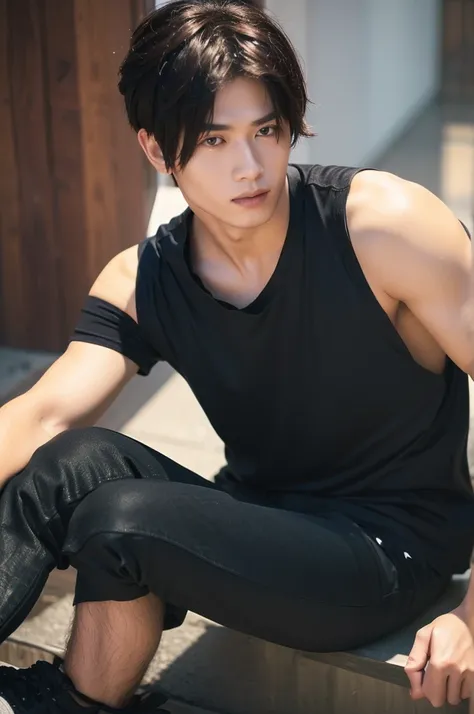 cute guy, muscular, black t-shirt, ripped jeans, long hair, pretty eyes, asian, black sneakers, large build