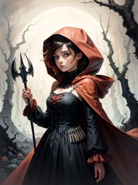 Gothic red riding hood holding the a sangriento ax, ruby rose, de pie sobre un lobo muerto en el suelo, sangriento, fancy, hermoso, elegante, Destello de lente, Intrincadamente detallado, salpicaduras de sangre, oscuro, Retroiluminado, godo, luz de la luna...