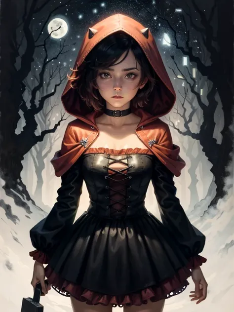 gothic red riding hood holding the a sangriento ax, ruby rose, de pie sobre un lobo muerto en el suelo, sangriento, fancy, hermo...