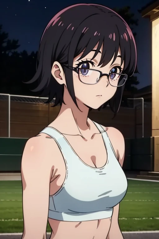 Purple Shizuku, 1 girl, cute, black hair, short hair, Glasses, Expressionless, 巨大なchest, ((White Sports Bra:1.5)), (Front view, Upper body, looking at the scenery), (masterpiece, High resolution, highest quality, anime color, anime screenshot, 8K, realisti...