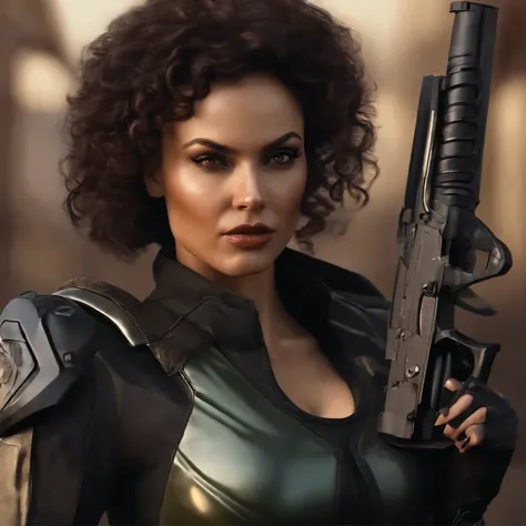 High Quality ultra realistic image of a woman.  Strong features, fair skin.  Dark brown curly hair, dark eyes.  The woman is dressed in semi-futuristic combat attire.  She has guns and knives strapped around her body.  The beautiful woman has a smirk.  Her...