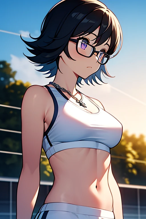 Purple Shizuku, 1 girl, cute, black hair, short hair, Glasses, Expressionless, 巨大なchest, ((White Sports Bra:1.5)), (Front view, Upper body, looking at the scenery), (masterpiece, High resolution, highest quality, anime color, anime screenshot, 8K, realisti...