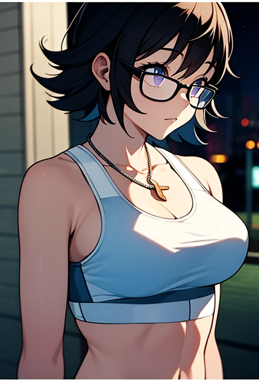 Purple Shizuku, 1 girl, cute, black hair, short hair, Glasses, Expressionless, 巨大なchest, ((White Sports Bra:1.5)), (Front view, Upper body, looking at the scenery), (masterpiece, High resolution, highest quality, anime color, anime screenshot, 8K, realisti...