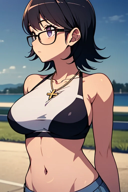 Purple Shizuku, 1 girl, cute, black hair, short hair, Glasses, Expressionless, とても巨大なchest, ((White Sports Bra)), (Front view, Upper body, looking at the scenery), (masterpiece, High resolution, highest quality, anime color, anime screenshot, 8K, realistic...