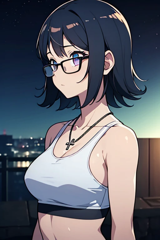 Purple Shizuku, 1 girl, cute, black hair, short hair, Glasses, Expressionless, とても巨大なchest, ((White Sports Bra)), (Front view, Upper body, looking at the scenery), (masterpiece, High resolution, highest quality, anime color, anime screenshot, 8K, realistic...