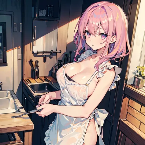 1 girl、solo、head shot、naked apron、nipple、Sheer apron、nippleが透けて見える、shyness、slouch、cleavage、big breasts、side、indoor、Sunlight、Erotic、