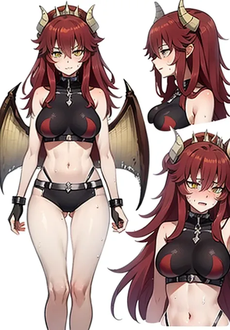 a close up of a drawing of a woman with red hair and a dragon, anime character reference sheet, dragon noble character design, bloody + concept art, character design : : gothic, character adoptable, [ character design ], dragon anime girl, concept art char...