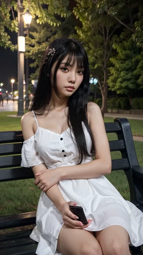 A young girl with an Asian dark angel style, long black hair, wearing a white madame dress, taking a serious faced selfie on a park bench during midnight. The photo has a cellphone quality and is photorealistic