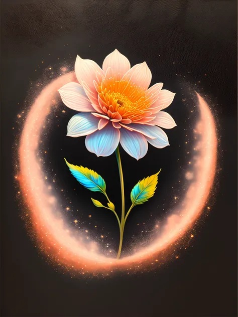 Painting of a colorful flower on a black background,, stunning render, within a radiant connection, Inspired by Kinuko Y. nipple process,, Magical elements, flower icon, Wow, Its beautiful, Cast a colorful spell, bright flash, flash