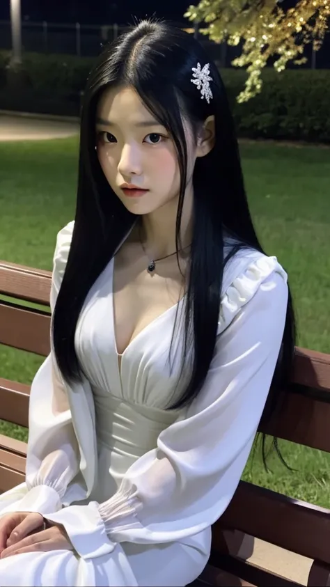 A young girl with an Asian dark angel style, long black hair, wearing a white madame dress, taking a serious-faced selfie on a park bench during midnight. The photo has a cellphone quality and is photorealistic