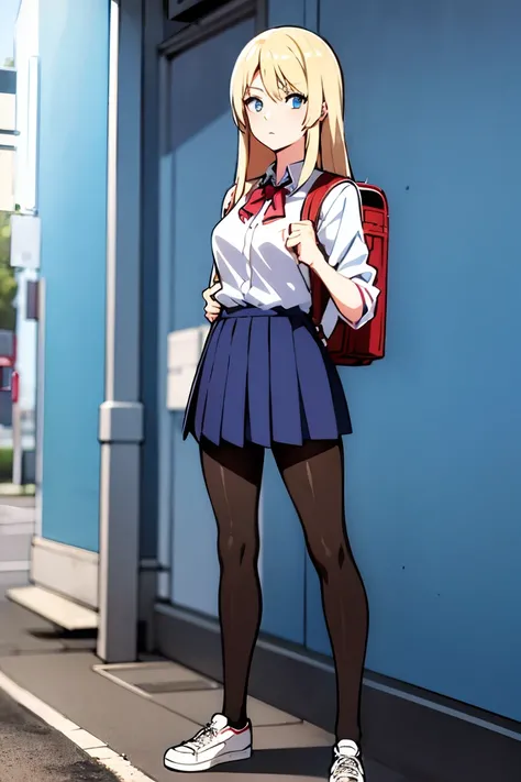 Anime style, 1 female, about 16 years old, blond long hair, blue eyes, school uniform, black pantyhose, backpack, white shoes, standing in front of the school, whole body