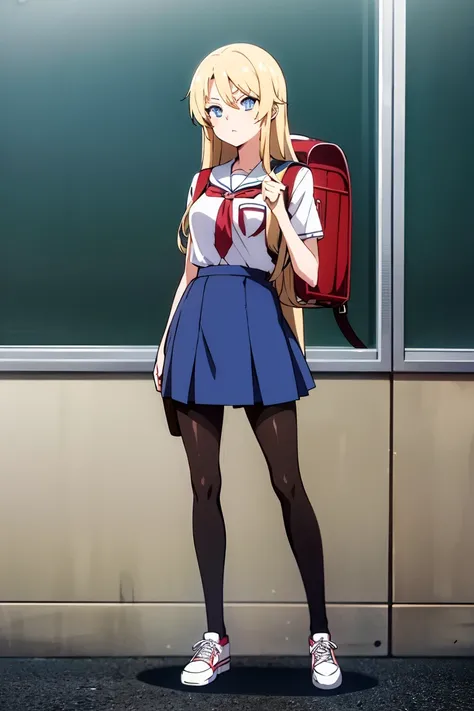 Anime style, 1 female, about 16 years old, blond long hair, blue eyes, school uniform, black pantyhose, backpack, white shoes, standing in front of the school, whole body