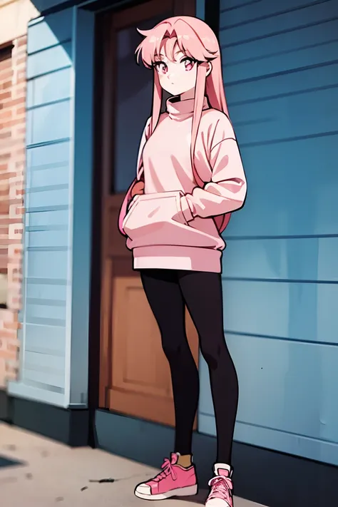 Anime style, 1 female, about 16 years old, pink elegant long hairstyle, pink eyes, beige sweater, denim shorts, black pantyhose, black shoes, standing in front of the house, whole body