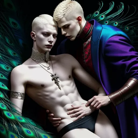 (evil albino lathy androgynous male, Peacock King, thin neck, frail shoulders, weak arms, flat chest, soft belly, curvy hips, thick avian thighs, male crotch, massive buttocks, depraved homosexual, rapist, kidnapper, cradle robber, queer, weak stomach, wea...