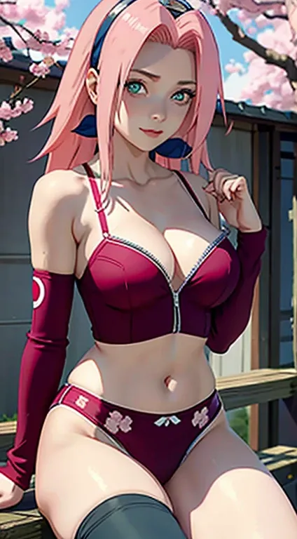 tmasterpiece， Best quality at best， 1girll， Sakura Haruno， Large breasts，Off-the-shoulder attire，（cleavage)，（upperbody closeup)，Raised sexy，is shy，ssmile，with pink hair， long whitr hair， （Green eyeballs:1.4)， Forehead protection， the cherry trees，Cherry bl...