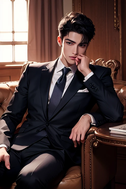 masterpiece，best quality，Ultra-detailed，1boy，individual，black hair，Modern furniture，Suit，black eyes，Handsome，Detailed face，sit，