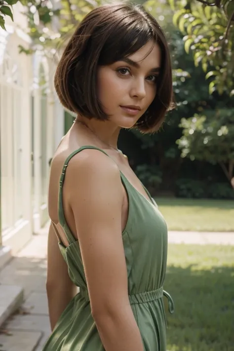 woman with bob haircut in APPLE GREEN dress