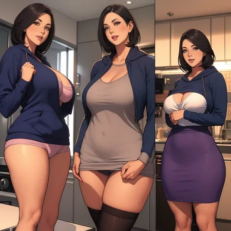 multiple thick body mature women wearing hoodie and short skirt talking and laughing in a kitchen party, daytime, lift skirt show panties from backside, ((show only mature women))