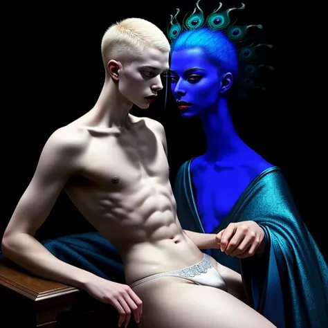 (evil albino lathy androgynous male, Peacock King, thin neck, frail shoulders, weak arms, flat chest, soft belly, curvy hips, thick avian thighs, male crotch, massive buttocks, depraved homosexual, rapist, kidnapper, cradle robber, queer, weak stomach, wea...