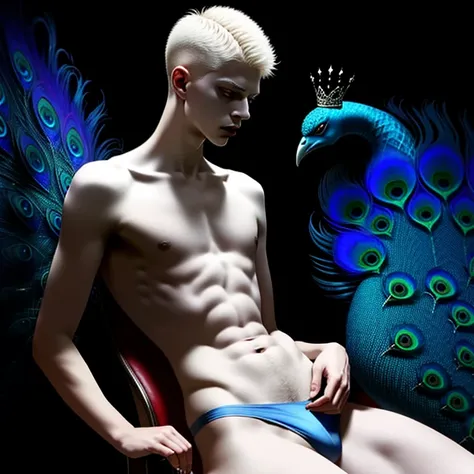 (evil albino lathy androgynous male, Peacock King, thin neck, frail shoulders, weak arms, flat chest, soft belly, curvy hips, thick avian thighs, male crotch, massive buttocks, depraved homosexual, rapist, kidnapper, cradle robber, queer, weak stomach, wea...