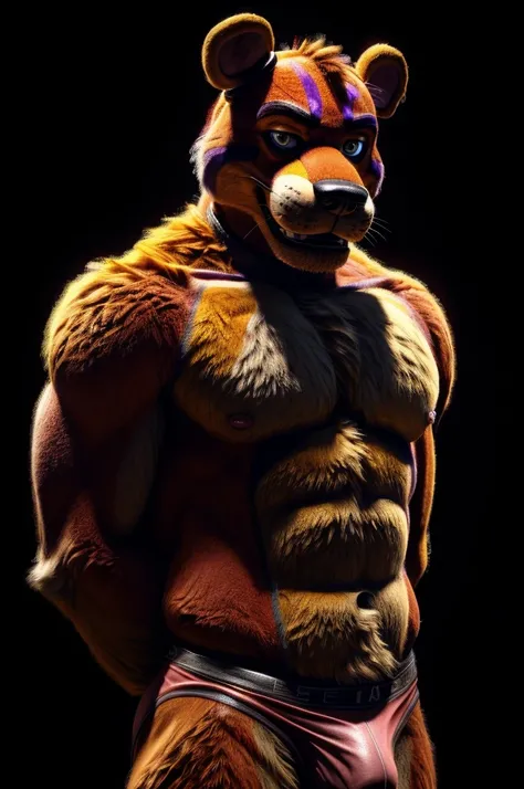 solo,furry,anthro,Fnaf Freddy,male,e621,standing,hands behind back,wearing underwear,simple background,front view,(best quality,4k,8k,highres,masterpiece:1.2),ultra-detailed,(realistic,photorealistic,photo-realistic:1.37),vivid colors,portraits,soft lighti...