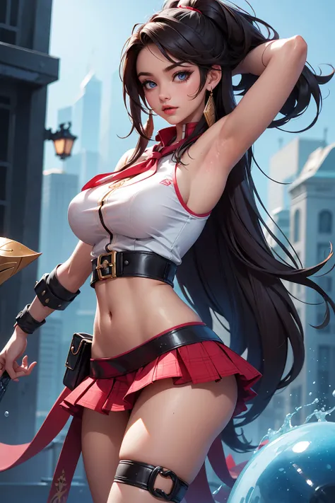 realistic akali, with sexy student skirt is school class, 8k resolution, very muscular, large breast, (tattoo on the arms)(best quality: 1.1), (perfect hand: 1.1 ), ( (Facial Detail: 1.3)), (Skin Detail), (Perfect Eyes), (Perfect Nose), (perfect hand finge...