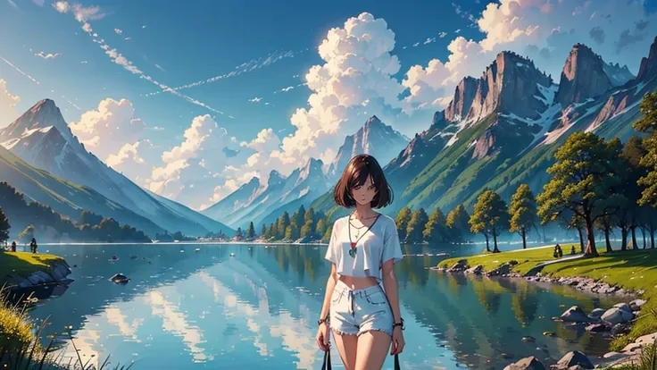 (highest quality, High resolution, masterpiece :1.3), Beautiful woman with slim body, chest, (Dark brown layered haircut), wear a pendant, T-shirt, white shorts, outdoor, Nice views, lakes and mountains in distant background々, Every detail is exquisitely e...