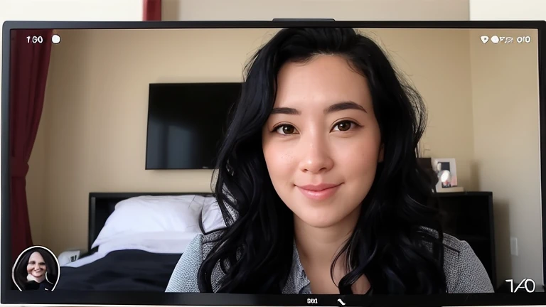 portrait of a cute 28 year old American girl , on a Discord video call, thick wavy black hair, smirking, long eyelashes,
 upper body, facing viewer, 8k, super detail, best quality, 1080P, 1080P, 1080P, 4K, 8k, 16k, HD, 1080P