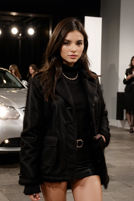 Elegant brunette with Chanel hair is at the fashion show