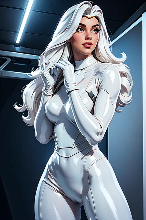 (best quality,8k:1.2,high resolution:1.2),ultra-detalhado,Realistic,retro science fiction female superhero,very long curly hair,rosto extremamente detalhados,long eyelashes,all sheer white Collant de nylon Apertado,pantyhose,white latex gloves, white Gloss...