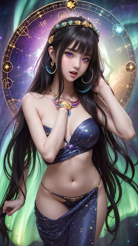 27-year-old girl, 1 zodiac goddess from the future, 12 zodiac goddess pink purple, 12 zodiac goddess face sexy thin yellow nightgown, long thin nightgown 12 zodiac many limbs sexy black lace detail, mythical goddess of the 12 zodiacs from the future, zodia...