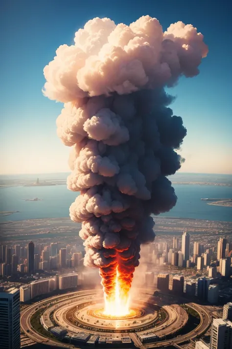 Super fire tornado with clear blue sky background, Toy City below, Realistic style