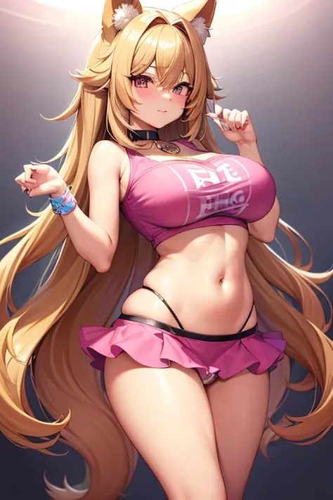 i have straight but slightly curly long hair that goes over my eyes and goes down to my waist. I am a long blonde hair pomeranian dog demi human. Im very curvy and i have massive breasts. Im wearing a jean mini skirt and a very short trashy y2k crop top. I...