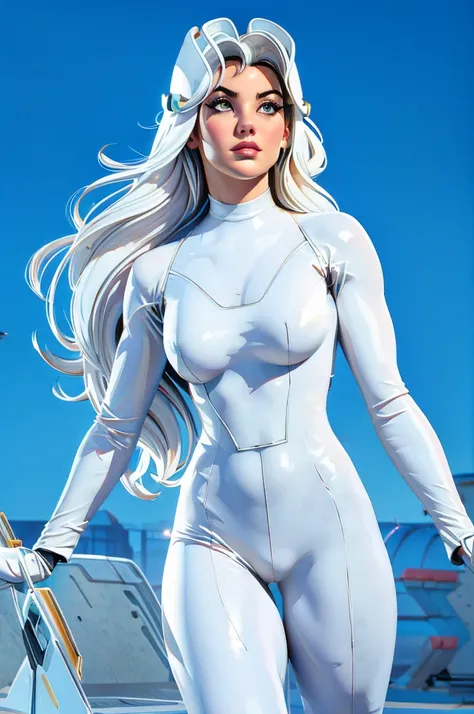 (best quality,8k:1.2,high resolution:1.2),ultra-detalhado,Realistic,retro science fiction female superhero,very long curly hair,rosto extremamente detalhados,long eyelashes,all sheer white Collant de nylon Apertado,pantyhose,white latex gloves, white Gloss...