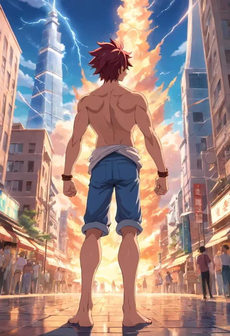 A giant Natsu Dragneel from the anime Fairy Tail standing in a tiny city, shirtless, handsome, flexing arms, high quality, bigger than burj khalifa, barefoot, best quality, masterpiece, high resolution, anime style, full body, huge size, fantastic lightnin...