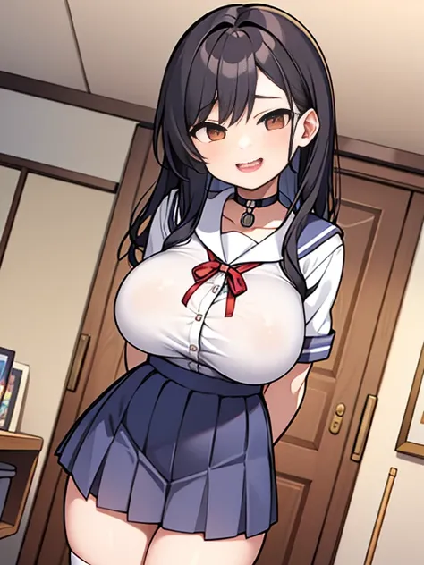 1 girl,big breasts,abdomen,
indoors,Bedroom,Are standing,cowboy shot, ((School_uniform)),choker
 