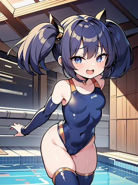 highest quality、master piece、very detailed、(1 girl):1.4、(Futuristic competitive swimsuit)、(golden twin tails):1.3、short twin tails、(dark blue eyes):1.1,(Futuristic, Tight Fit Bodysuit)、indoor pool background