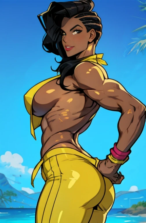 1 sexy woman, 25 yo,  (laura matsuda) (streetfighter) gta style, cowboy shot, mid distance shot, perfect eyes, perfect body, perfect hands, perfect lips, hourglass body, 34d breast, copa cabana beach, background, extremely detailed, ultra-realistic, dark h...