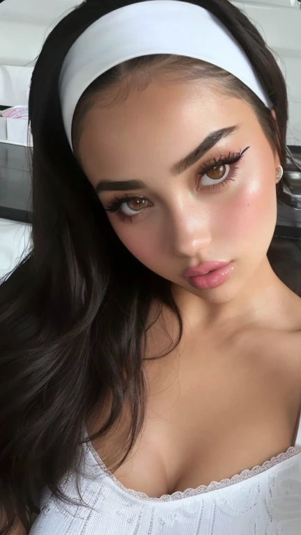 a close up of a woman with a white headband on, portrait sophie mudd, sexy face, gorgeous latina face, bella poarch, portrait demi rose, violet myers, clear portrait of demi rose, angelina stroganova, extremely beautiful face, portrait of demi rose, flawle...