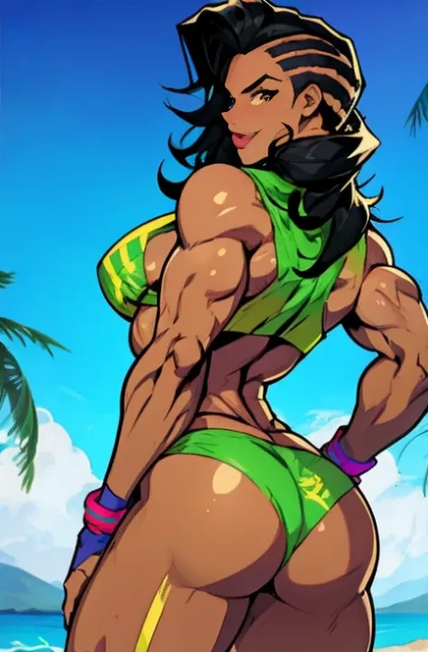 1 sexy woman, 25 yo,  (laura matsuda) (streetfighter) gta style, cowboy shot, mid distance shot, perfect eyes, perfect body, perfect hands, perfect lips, hourglass body, 34d breast, copa cabana beach, background, extremely detailed, ultra-realistic, dark h...