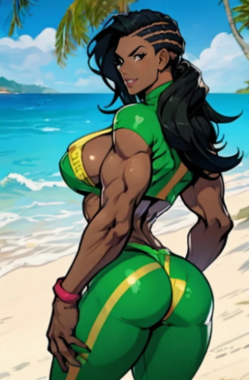 1 sexy woman, 25 yo,  (laura matsuda) (streetfighter) gta style, cowboy shot, mid distance shot, perfect eyes, perfect body, perfect hands, perfect lips, hourglass body, 34d breast, copa cabana beach, background, extremely detailed, ultra-realistic, dark h...