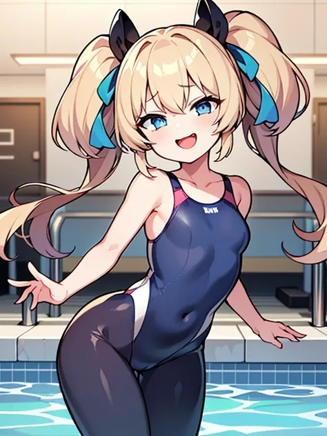 highest quality、master piece、very detailed、(1 girl):1.4、(Futuristic competitive swimsuit)、(Golden hair):1.3、twin tails、ショートtwin tails、(dark blue eyes):1.1,(Futuristic, Tight Fit Bodysuit)、indoor pool background