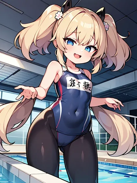 highest quality、master piece、very detailed、(1 girl):1.4、(Futuristic competitive swimsuit)、(Golden hair):1.3、twin tails、ショートtwin tails、(dark blue eyes):1.1,(Futuristic, Tight Fit Bodysuit)、indoor pool background