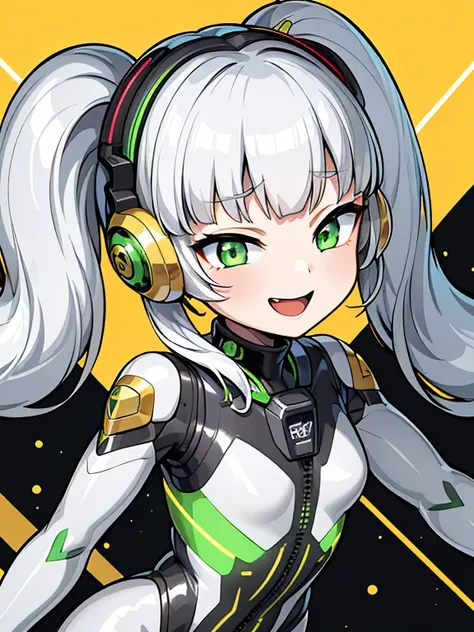 masterpiece、highest quality、master piece、(1 girl):1.4、(Metallic shiny silver futuristic spacesuit)、(Golden twin tails):1.3、(green eyes):1.1,(near future的な, Tight Fit Bodysuit)、headphone、space station background、near future、cyber punk