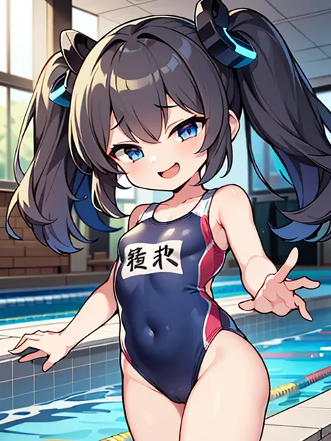 highest quality、master piece、very detailed、(1 girl):1.4、(Futuristic competitive swimsuit)、(Golden hair):1.3、twin tails、ショートtwin tails、(dark blue eyes):1.1,(Futuristic, Tight Fit Bodysuit)、indoor pool background