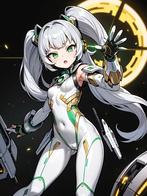 masterpiece、highest quality、master piece、(1 girl):1.4、(Metallic shiny silver futuristic spacesuit)、(golden hair):1.3、twin tails、(green eyes):1.1,(near future的な, Tight Fit Bodysuit)、headphone、space station background、near future、cyber punk