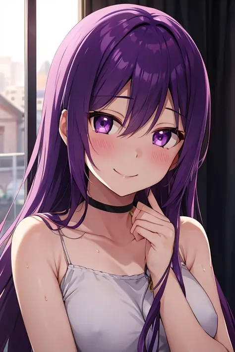 purple hair, purple eyes, wet hair, hair over one eye, jewelry, smile, blush, cinematic lighting, anime style, award winning