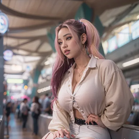 (asian goddess woman,sitting train station),(cardi b),(perfect cardi b),(gigantic boobs: 1.4),(cleavage : 1.4),(busty: 1.4),(coo...